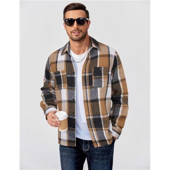 Men's Flannel Shirts Long Sleeve Plaid Button Down Black Khaki - Picture 4 of 5